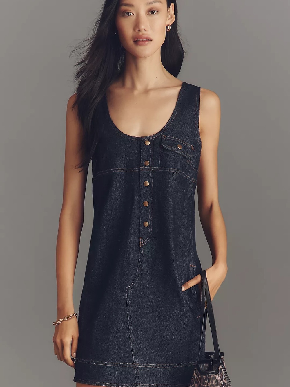 NWT Pilcro Anthropologie Denim Snap Front Mini Dress Dark Wash Sz XS $148 MSRP